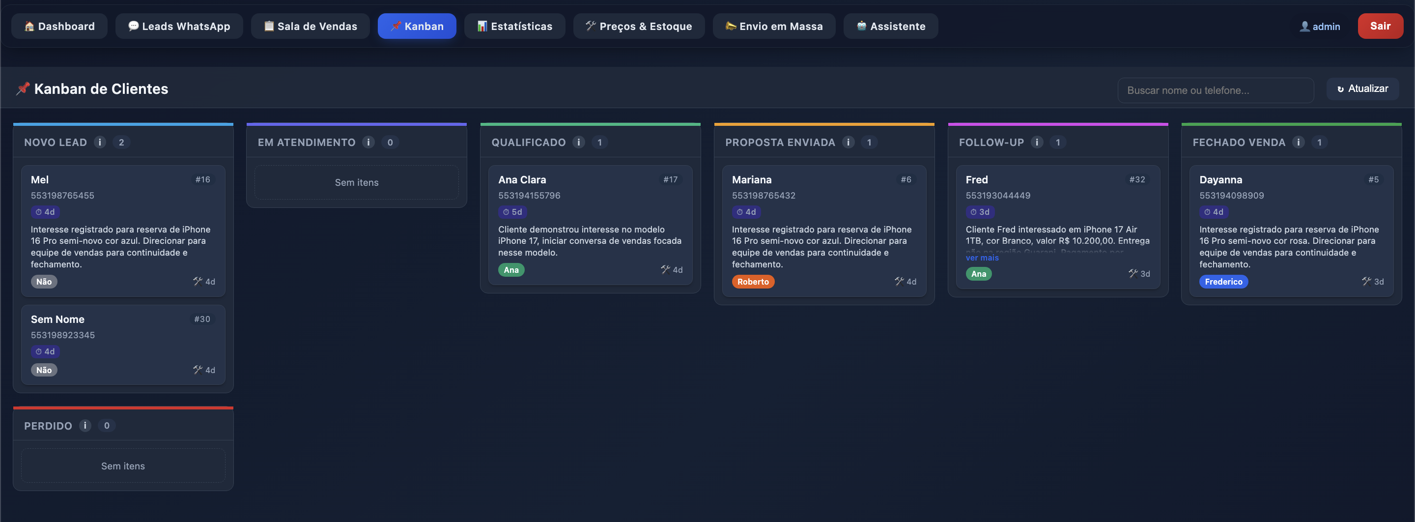 Kanban de clientes com etapas do funil