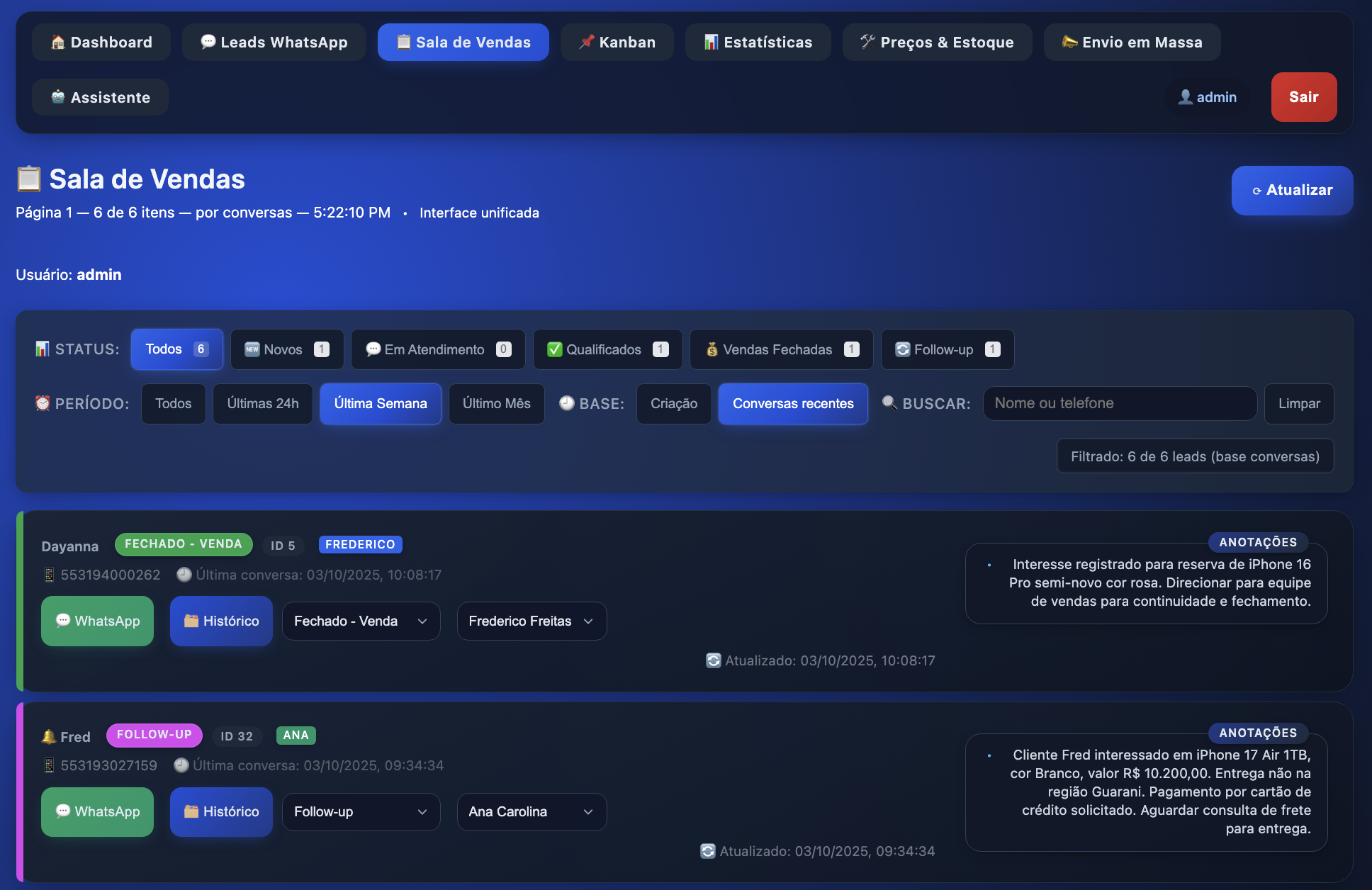 Tela da Sala de Vendas (CRM) da ZapSell Pro
